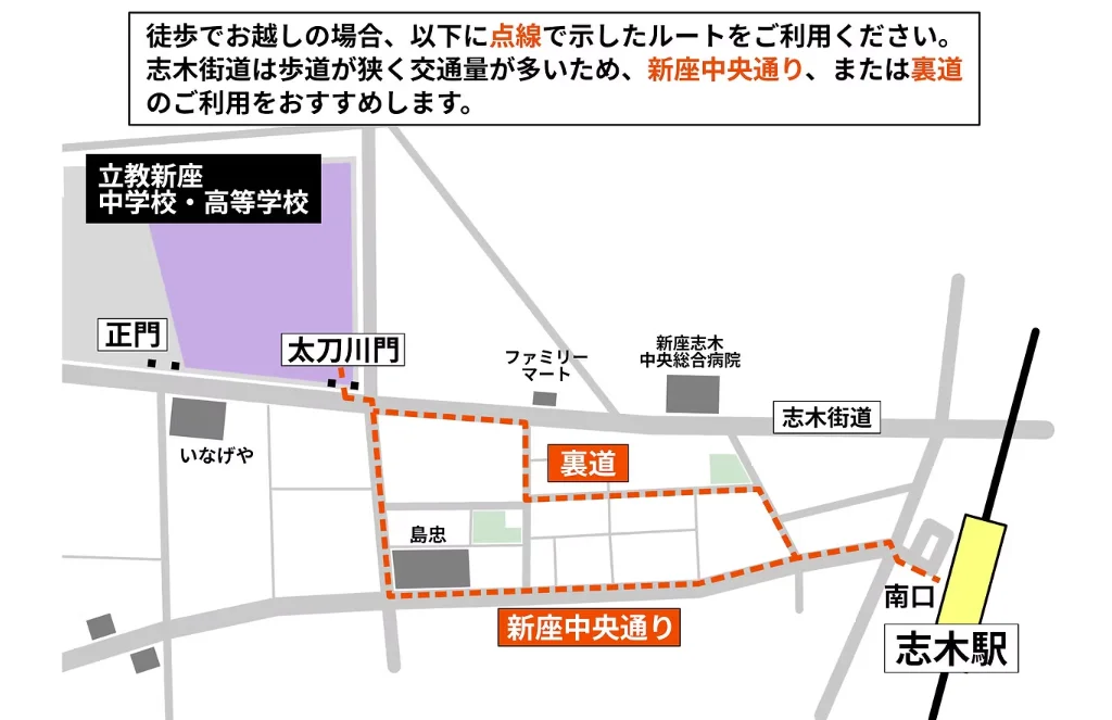 志木駅から学校までの徒歩ルート図。志木街道は歩道が狭く交通量が多いため、新座中央通りまたは裏道の点線ルートを推奨